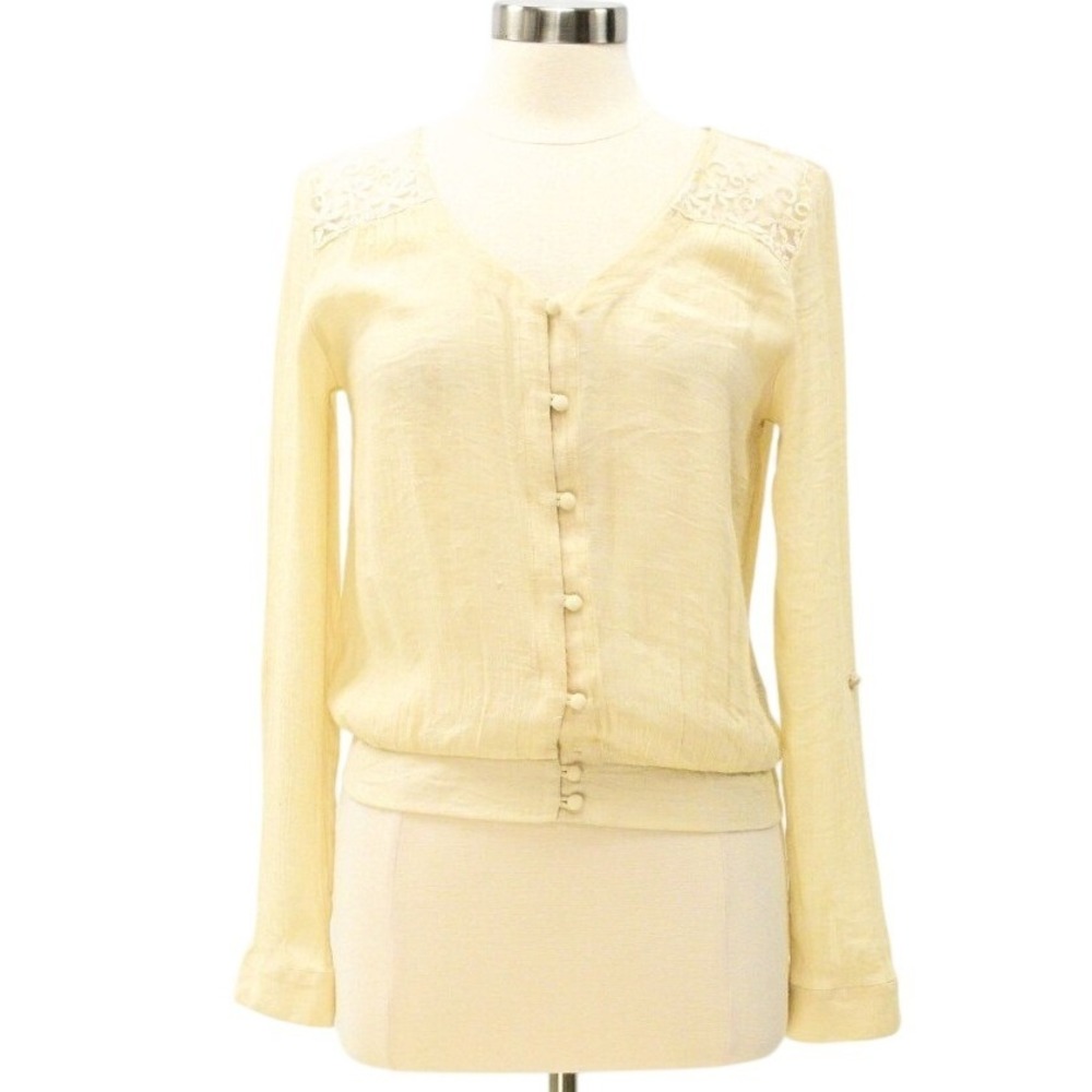 Cream Lace Boho Crop Top Blouson Elastic Waist Blouse V Neck Sheer Puff Sleeves